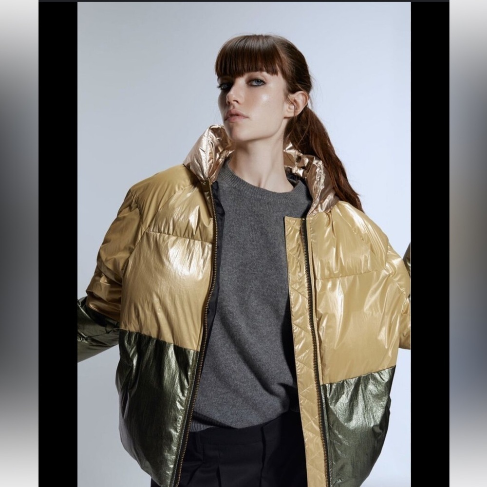 Zara women’s metallic color block puffer hooded coat